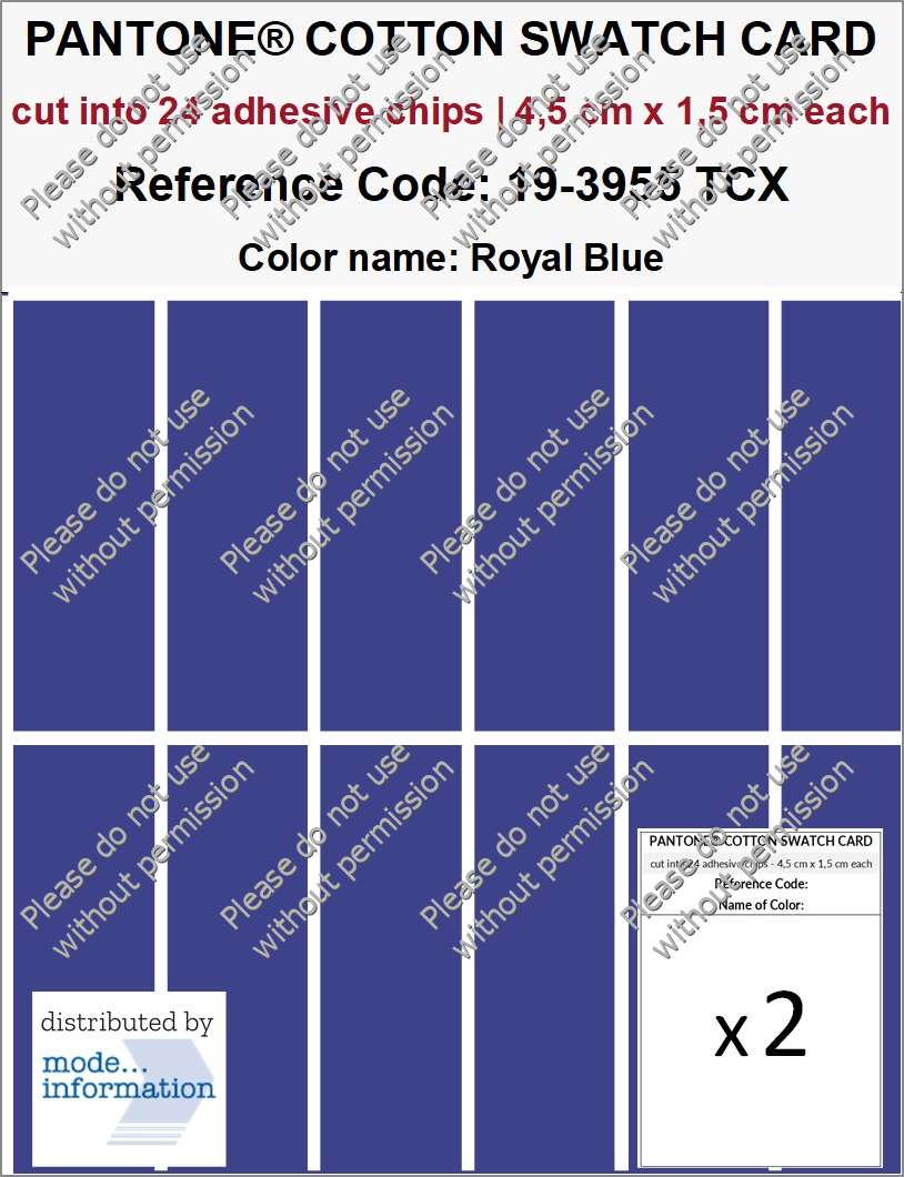 PANTONE COTTON SWATCH CARD 19-3955 TCX Royal Blue (cut into 24 adhesive chips | 4,5 cm x 1,5 cm)