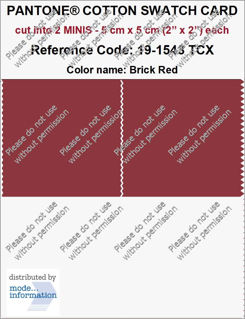 PANTONE COTTON SWATCH CARD 19-1543 TCX Brick Red (cut into 2 MINIS | 5 cm x 5 cm)