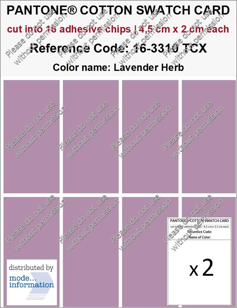 PANTONE COTTON SWATCH CARD 16-3310 TCX Lavender Herb (cut into 16 adhesive chips | 4,5 cm x 2 cm)