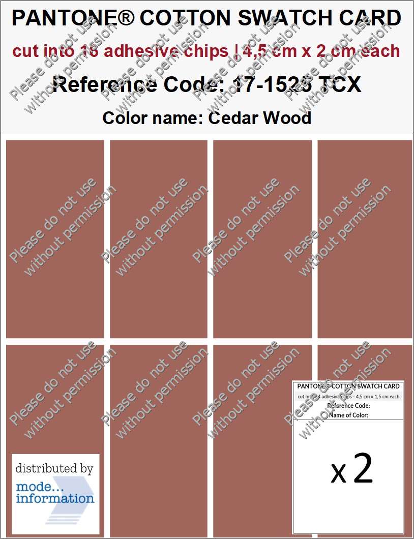 PANTONE COTTON SWATCH CARD 17-1525 TCX Cedar Wood (cut into 16 adhesive chips | 4,5 cm x 2 cm)
