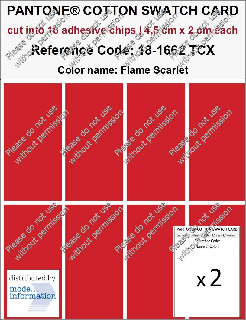 PANTONE COTTON SWATCH CARD 18-1662 TCX Flame Scarlet (cut into 16 adhesive chips | 4,5 cm x 2 cm)