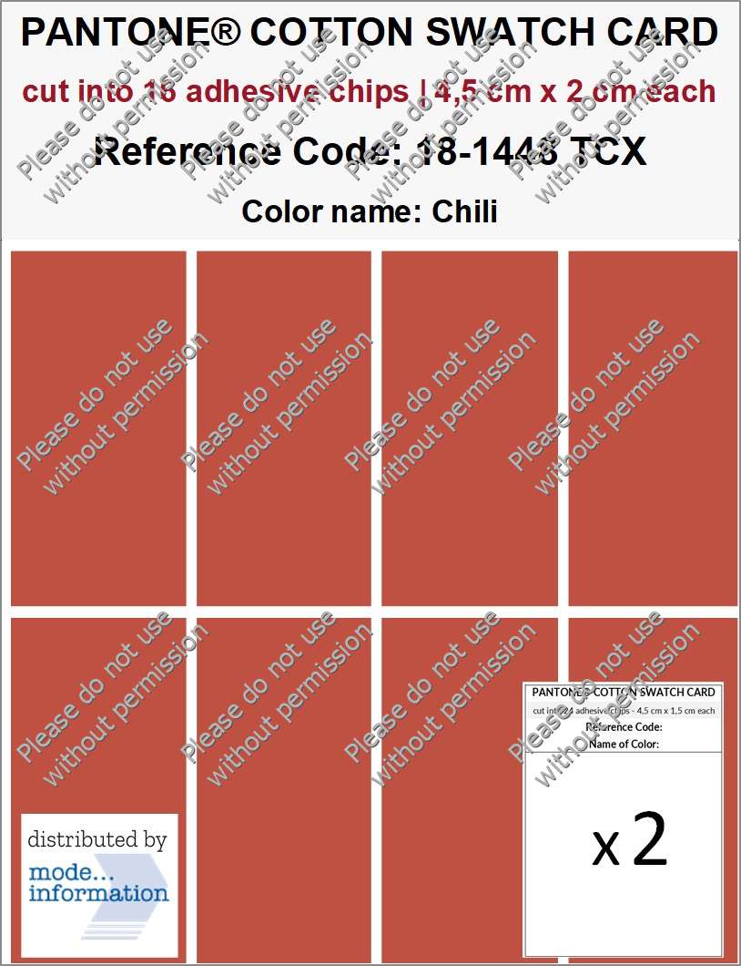 PANTONE COTTON SWATCH CARD 18-1448 TCX Chili (cut into 16 adhesive chips | 4,5 cm x 2 cm)