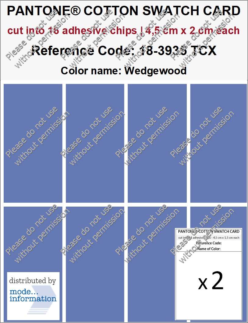 PANTONE COTTON SWATCH CARD 18-3935 TCX Wedgewood (cut into 16 adhesive chips | 4,5 cm x 2 cm)